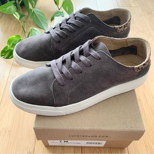 EUC Lucky Brand Loucia Suede Sneaker - Gray/Brown with Cheetah Details, Sz 7
